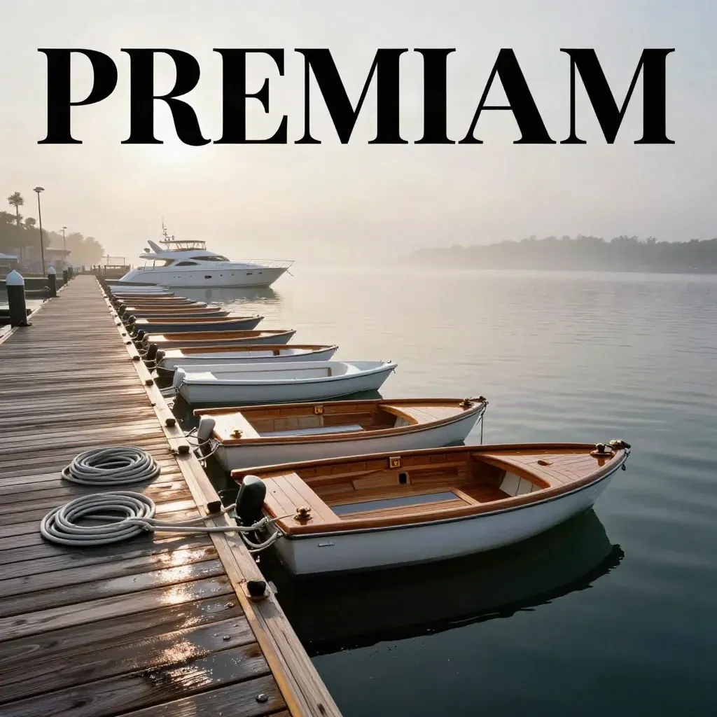 Dawn yacht entering a rain-glossed marina with teak slips, mist, and a fuel dock.