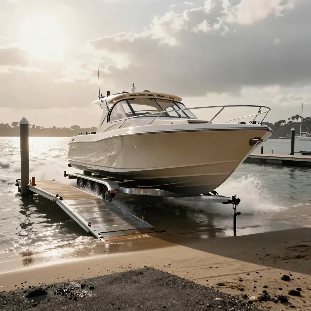 Center-console boat launching from a trailer into water beside a floating dock.