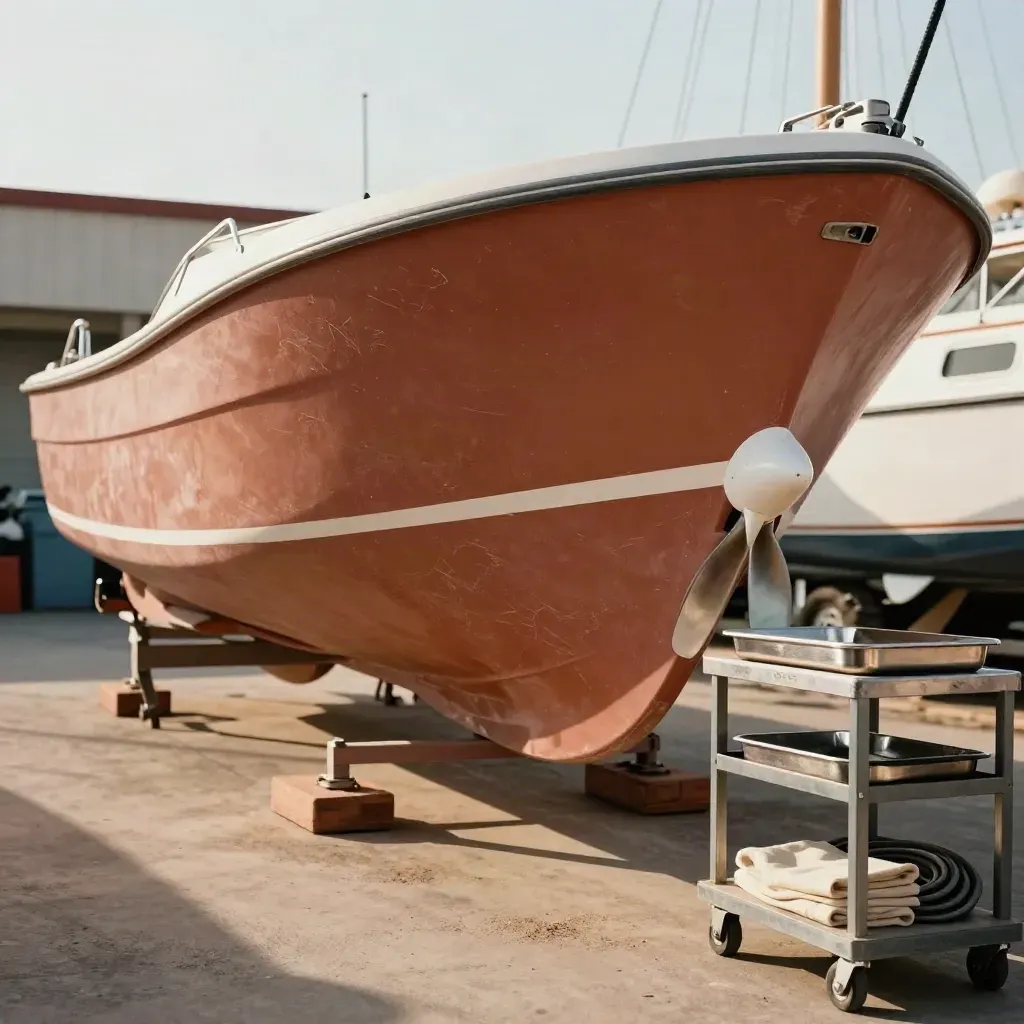 Hauled-out hull on stands with propeller cover, chock blocks and service cart in a marine yard