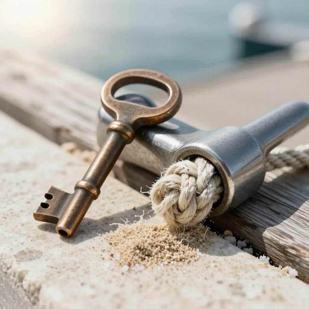 Bronze cleat key, splicing fid, and finished mooring line on a salt-worn marina ledge.