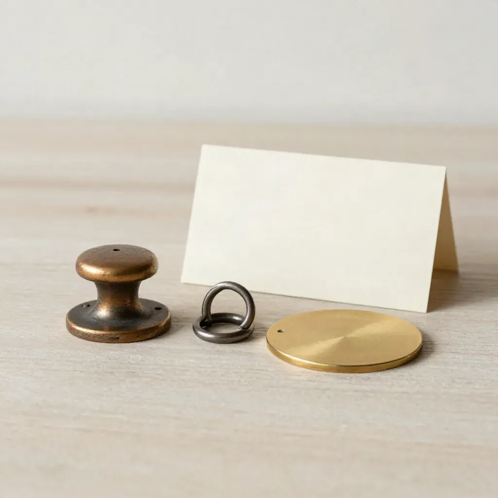 Bronze berth token, mooring ring, and slip marker disk on pale wood