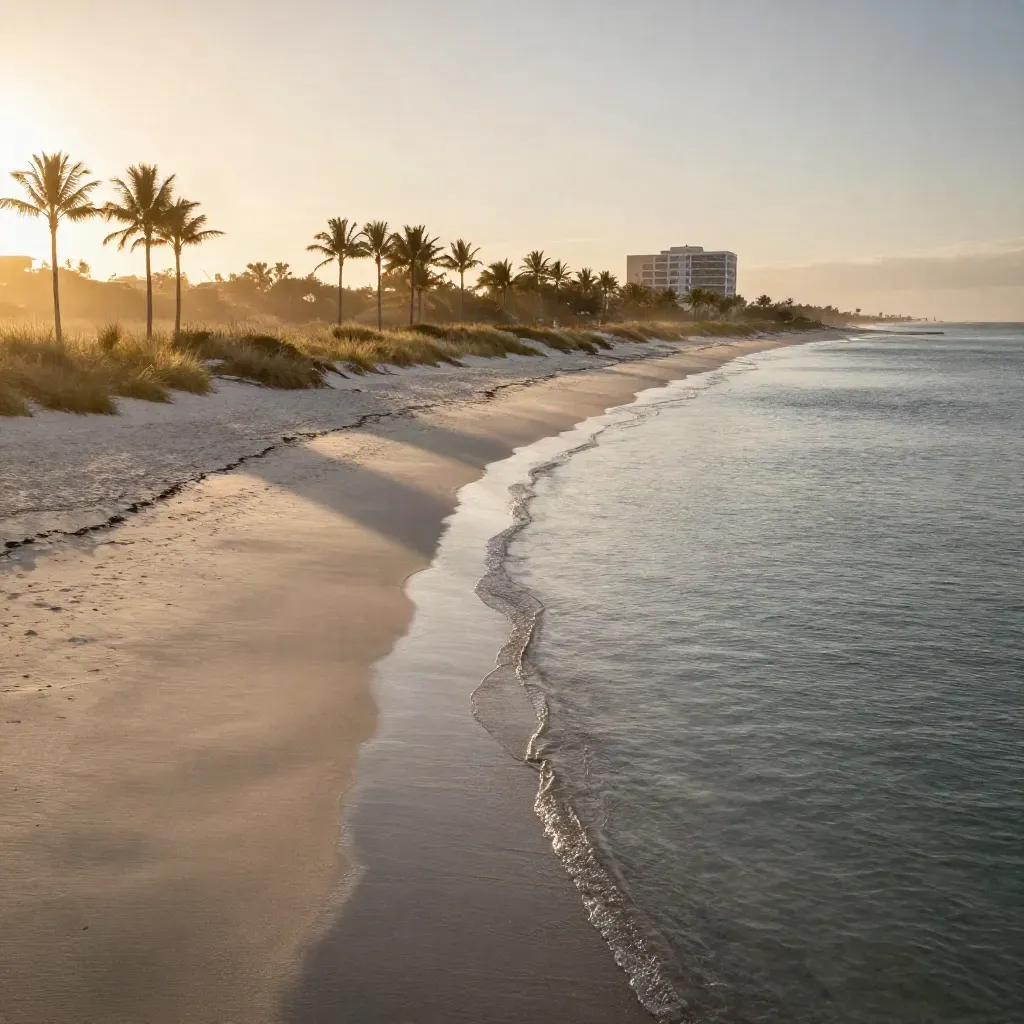 Palm Beach shoreline with inlet water, low palms, and a distant coastal landmark in sunset haze.