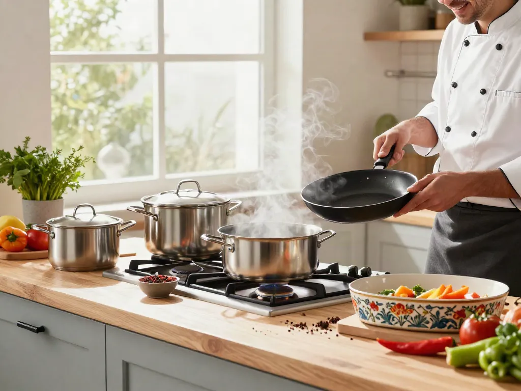 Showcasing cookware price in Bangladesh with a chef cooking, surrounded by vibrant kitchen elements.