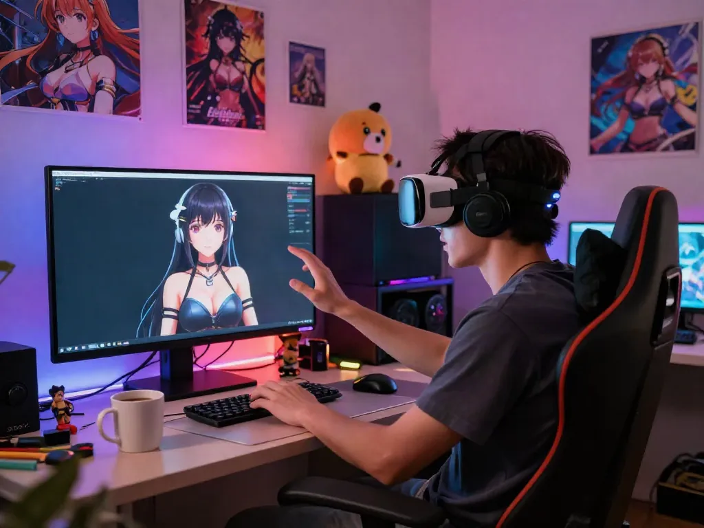 Engaging hentai AI chat experience with vibrant anime character in cozy gaming room