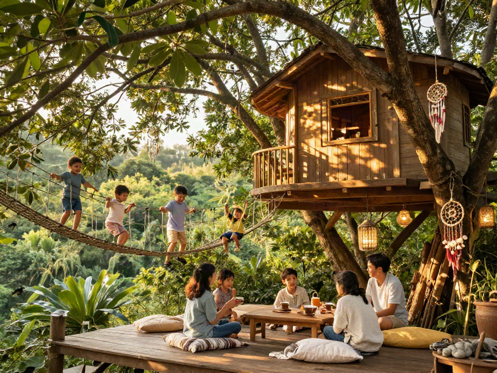 Family enjoying their tree house life with children playing on rope bridge surrounded by nature.